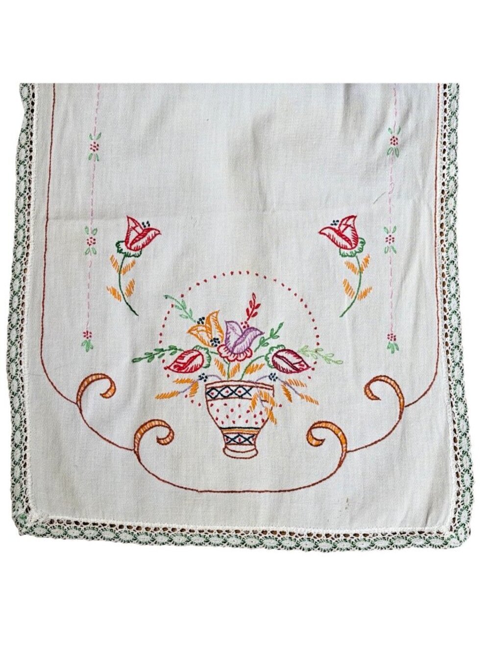 VTG Embroidered Table Runner 40x14 Multicolor Flowers in Basket Crochet Trim